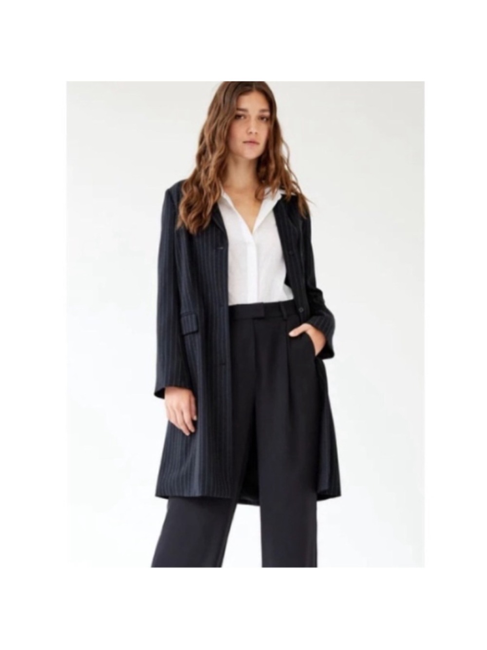 ARITZIA BABATON NAVY PINSTRIPE TRENT LONG JACKET